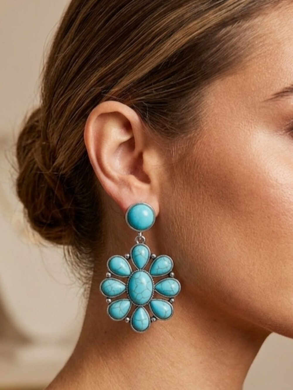 Turquoise Petal Cluster Drop Earrings - Blue Stone Dangle